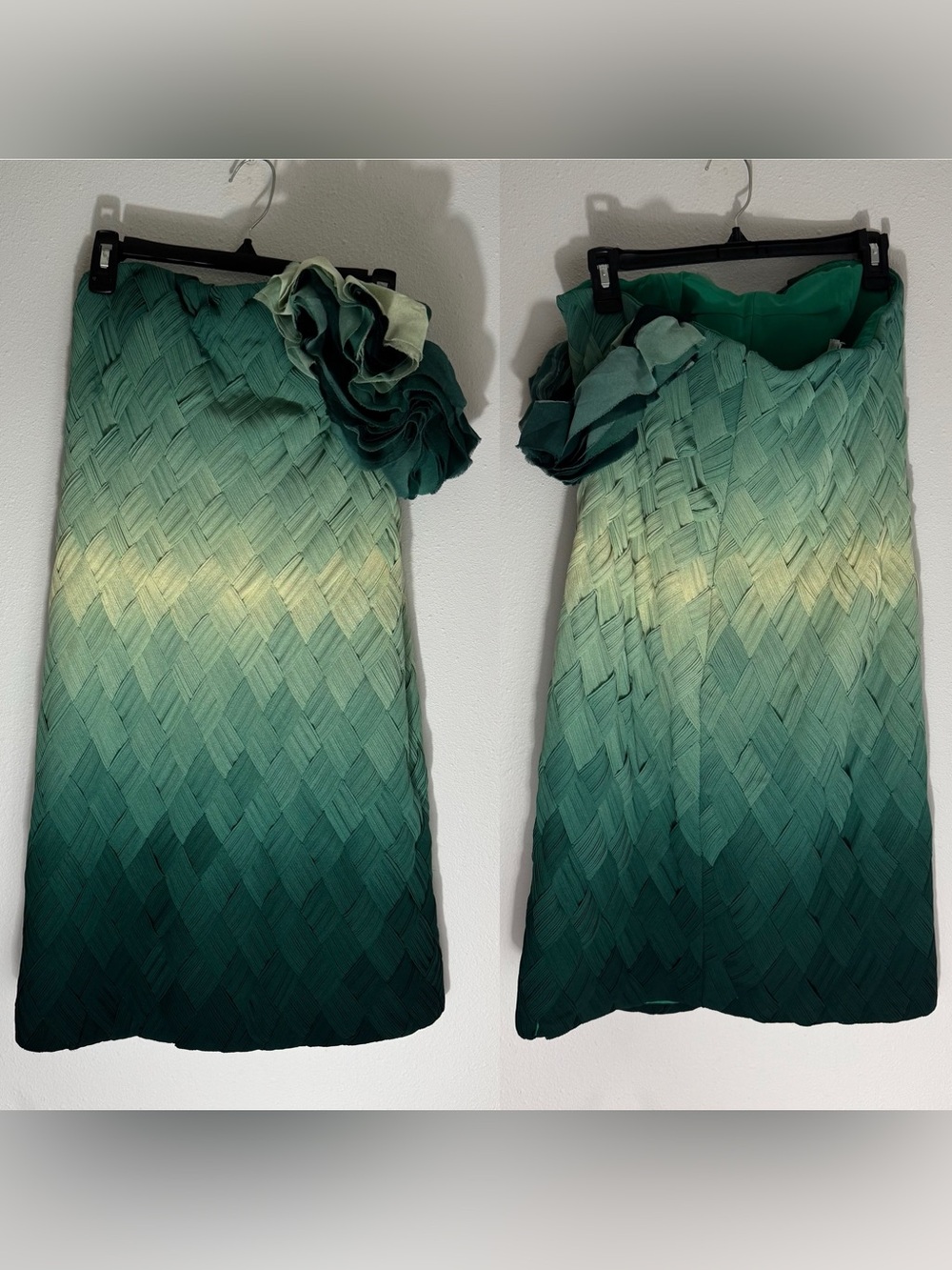 Mikael Aghal woven green ombre rosette one shoulder cocktail dress size 10